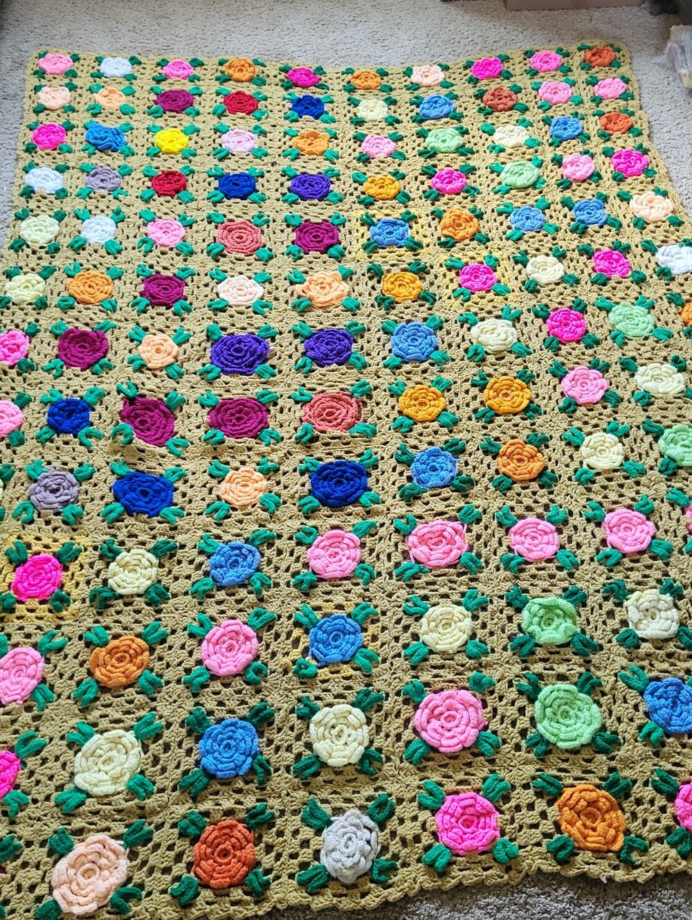 VTG 70s 3D Flower Granny Square Afghan Blanket 65x90 Boho Cottagecore